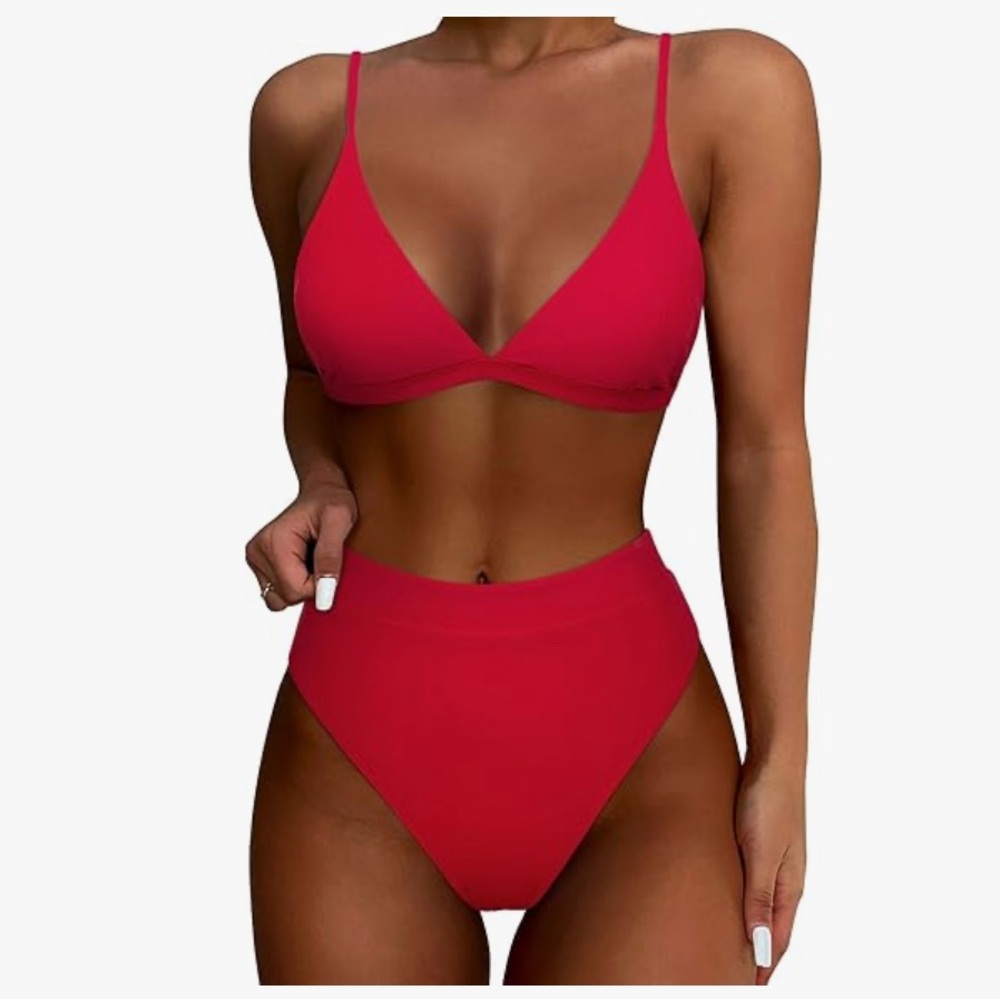 SUUKSESS Red Women High Waisted High Cut Bikini Set Sexy Triangle Small New